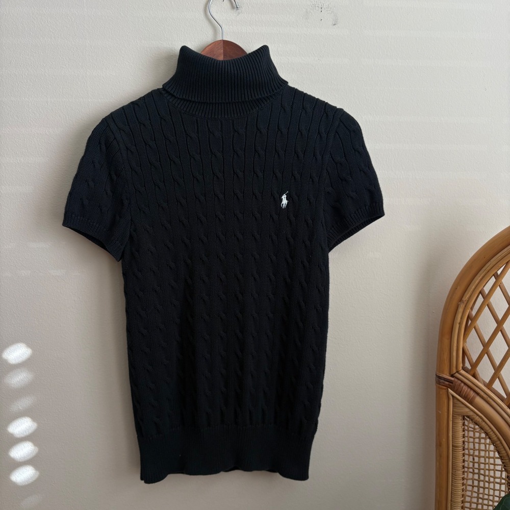 Vtg Y2K Ralph Lauren Sport Small Pony Cable Knit Short Sleeve Turtleneck Sweater